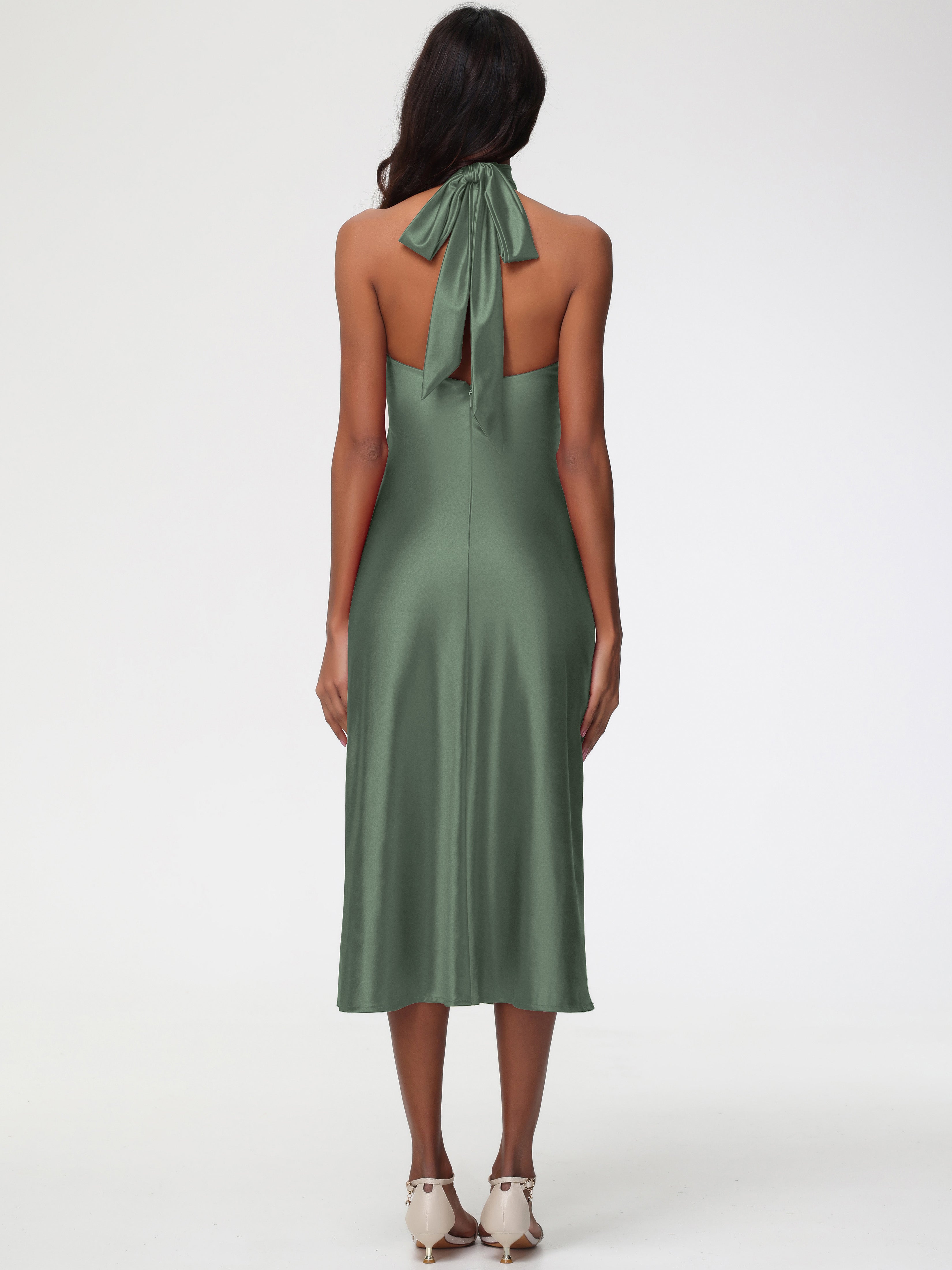 Olive Green Formal Dress Tea-Length High Neck Sleeveless Stretch Satin