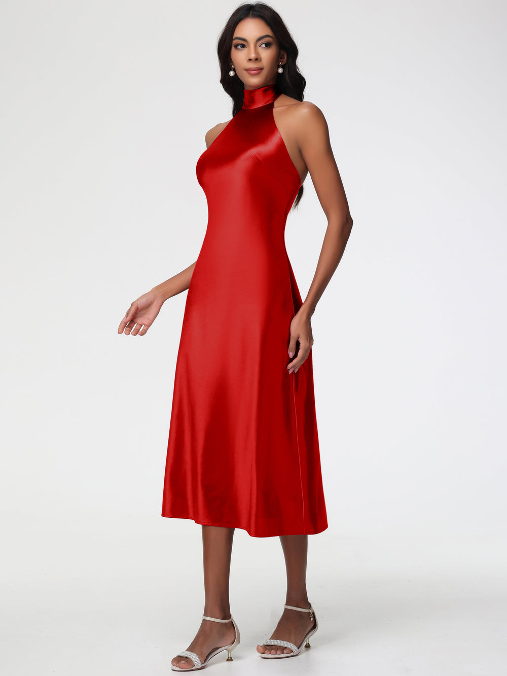 Champagne Bridesmaid Dresses Tea Length Tea-Length High Neck Sleeveless Stretch Satin Bridesmaid Dresses