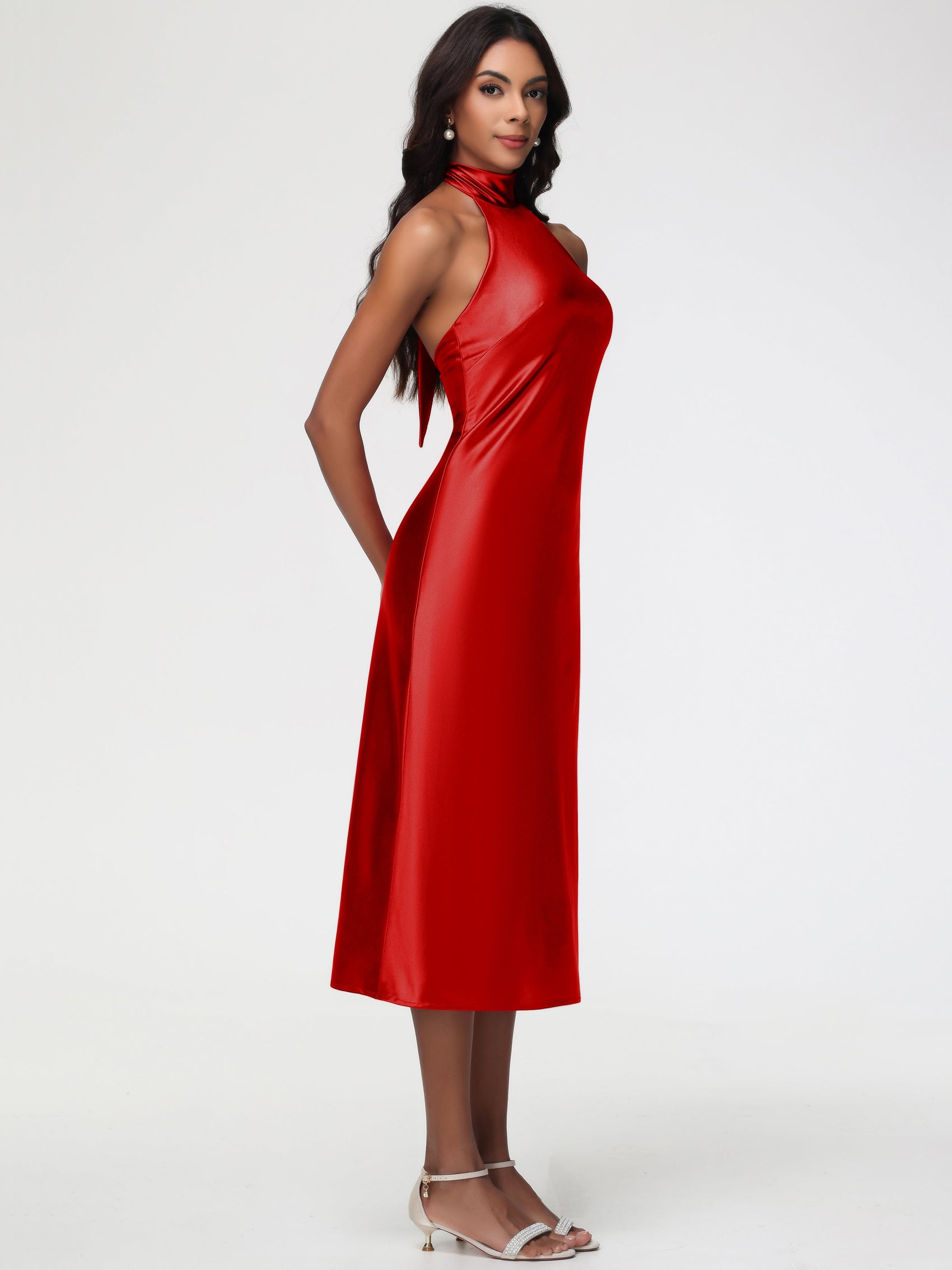 Red Bridesmaid Dresses Tea Length Tea-Length High Neck Sleeveless Stre