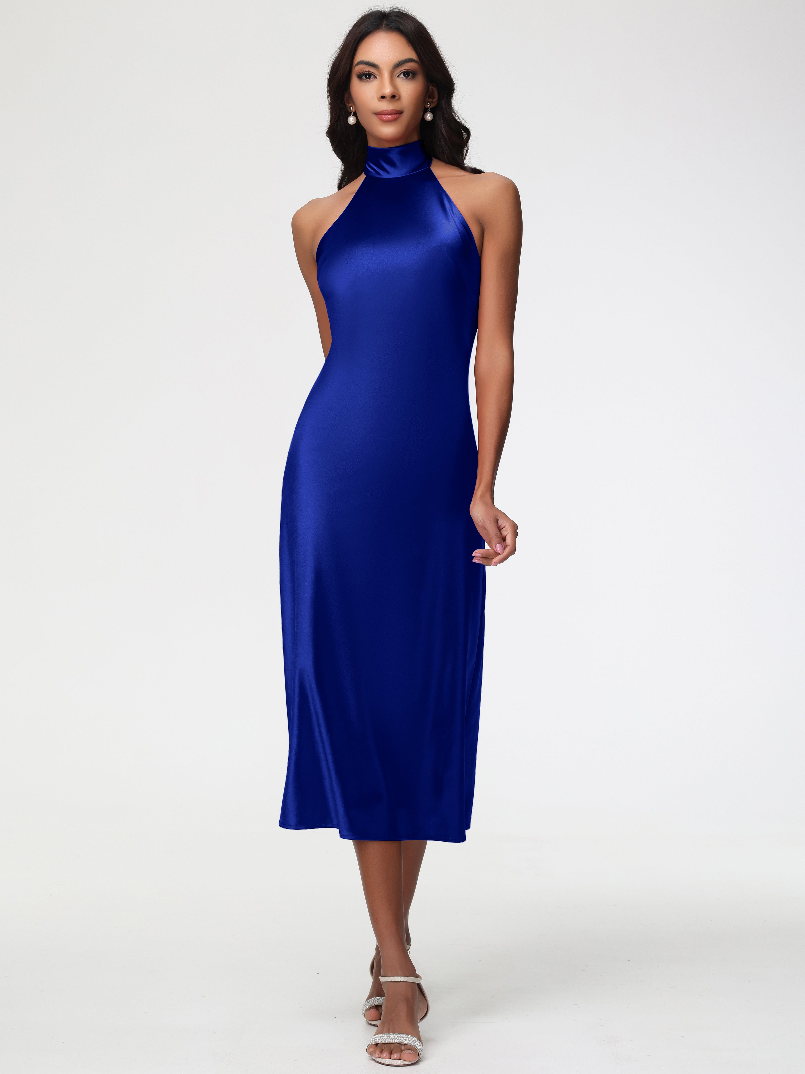 Royal Blue Short Formal Dress Tea-Length High Neck Sleeveless Stretch