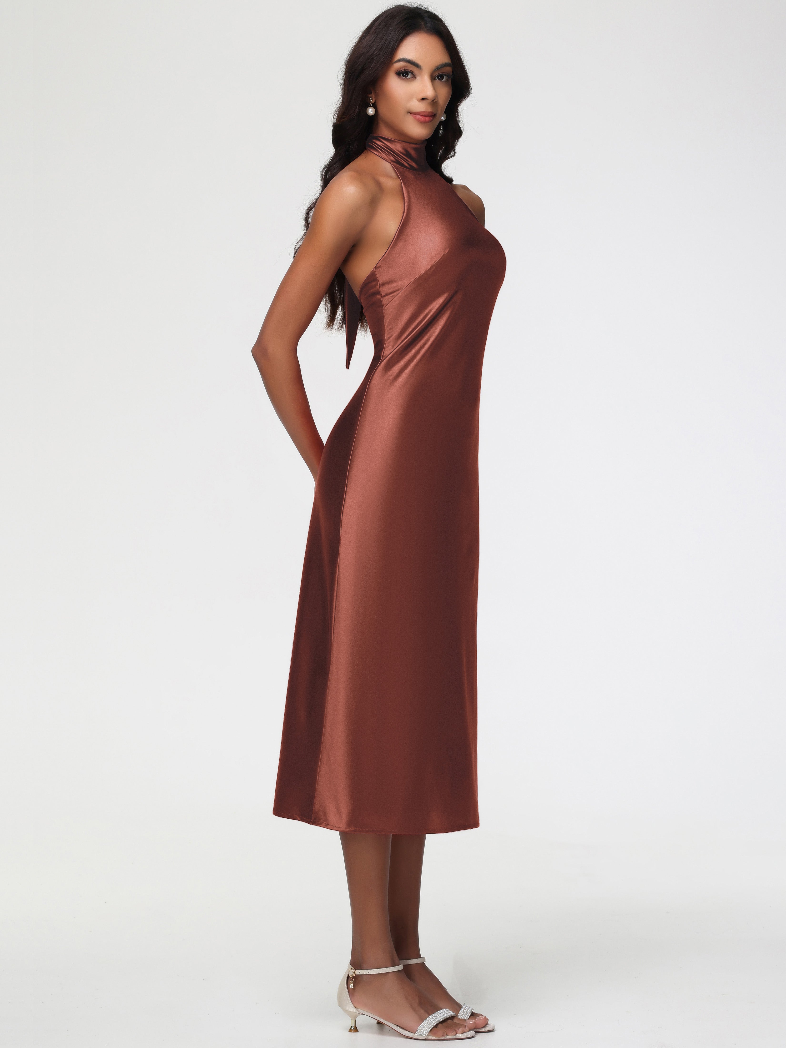 Terracotta Formal Dress Tea-Length High Neck Sleeveless Stretch Satin  Formal Dresses
