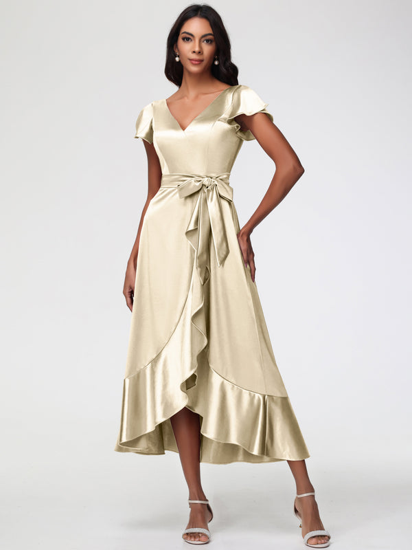 Bridesmaid Dresses In Terracotta Tea-Length Short Sleeves Ruffles A-Line Stretch Satin Bridesmaid Dresses main image 1