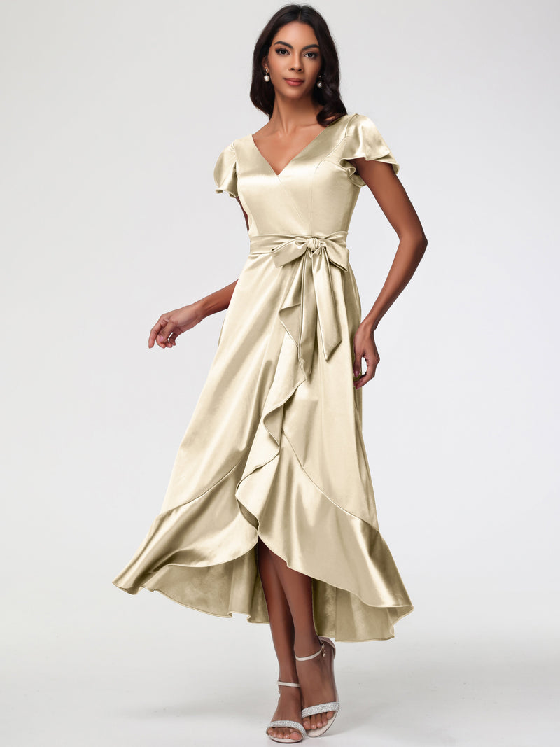 Bridesmaid Dresses Grape Tea-Length Short Sleeves Ruffles A-Line Stretch Satin Bridesmaid Dresses main image 0