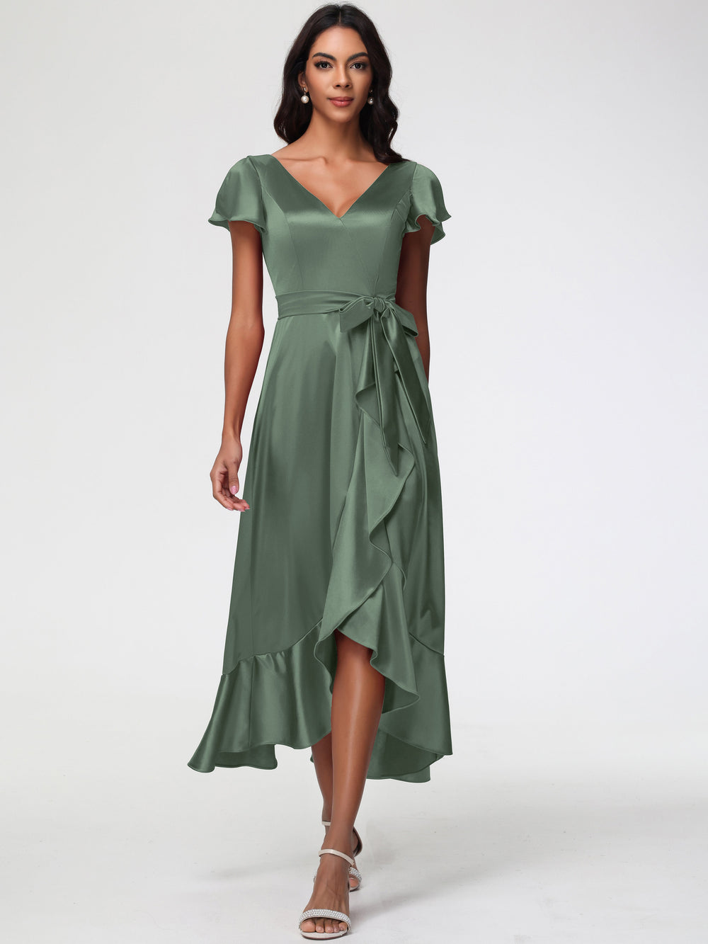 Satin Olive Green Bridesmaid Dresses Tea-Length Short Sleeves Ruffles