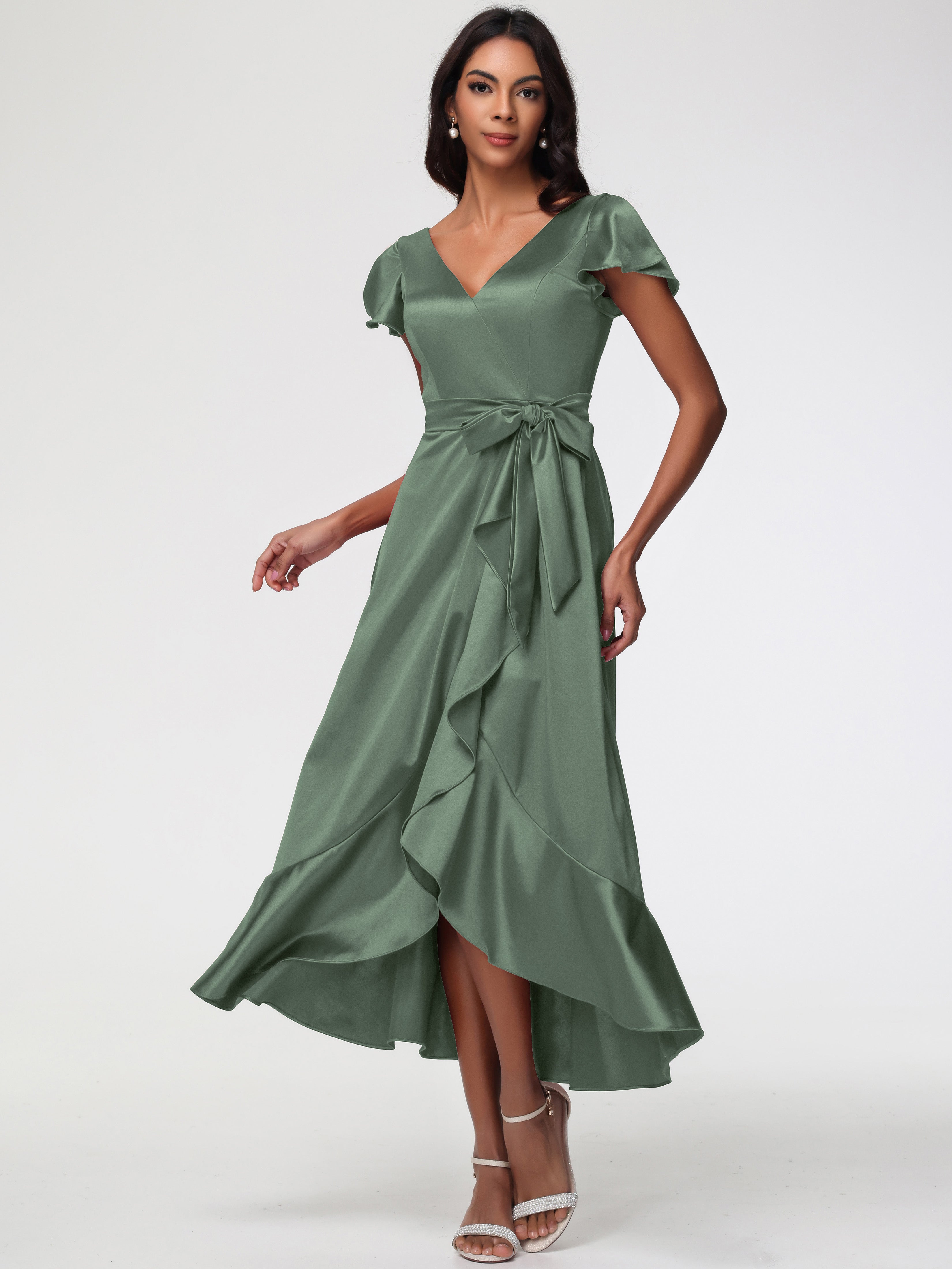 Satin Olive Green Formal Dresses Tea-Length Short Sleeves Ruffles A-Line  Stretch Satin Formal Dresses