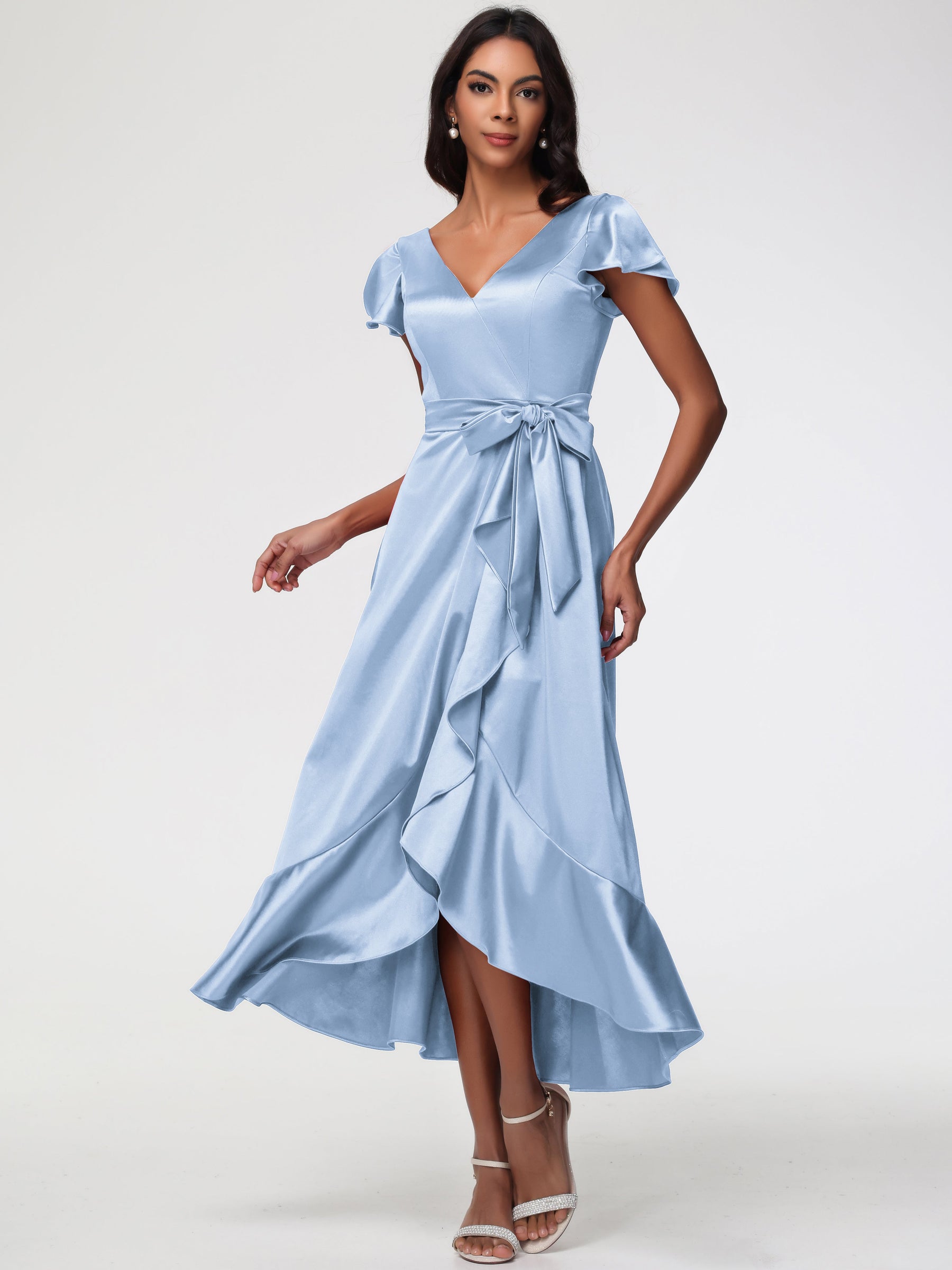 Bridesmaid Sky Blue Dresses Tea-Length Short Sleeves Ruffles A-Line St