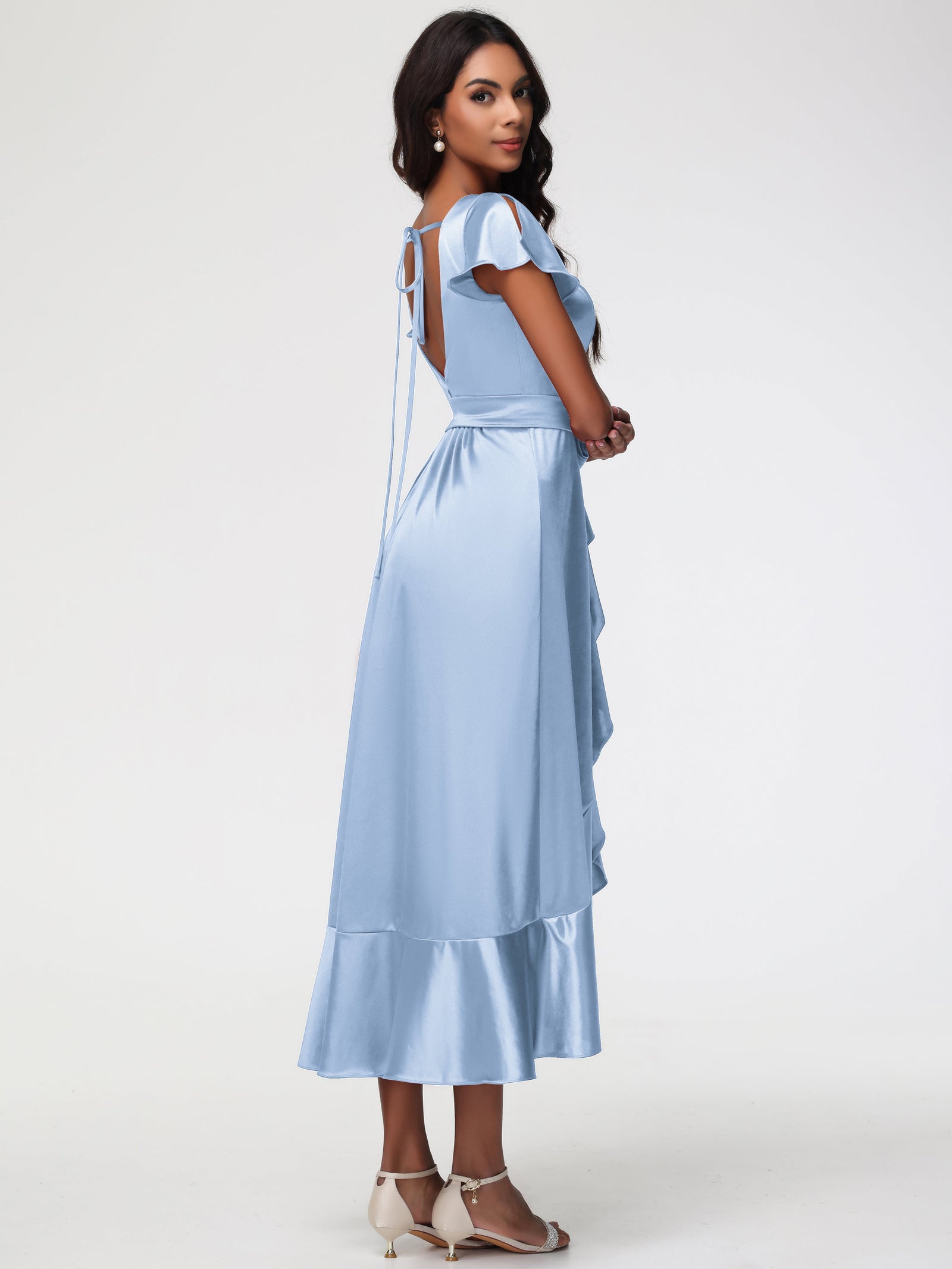 Bridesmaid Sky Blue Dresses Tea-Length Short Sleeves Ruffles A-Line St