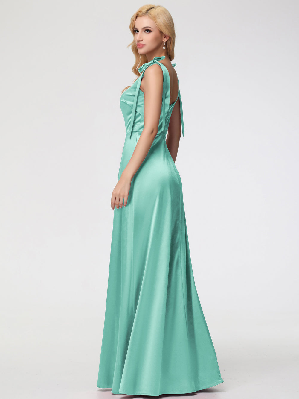 Grey green tight thin shoulder strap back tied satin bridesmaid dress main image 0