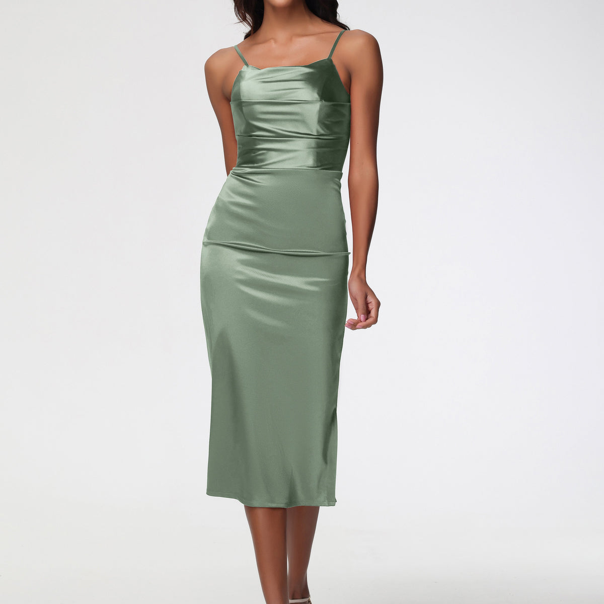 dusty sage midi dress Dusty Sage Formal Dresses Tea-Length Spaghetti Straps Square Neckline Sleeveless Stretch Satin Formal Dresses