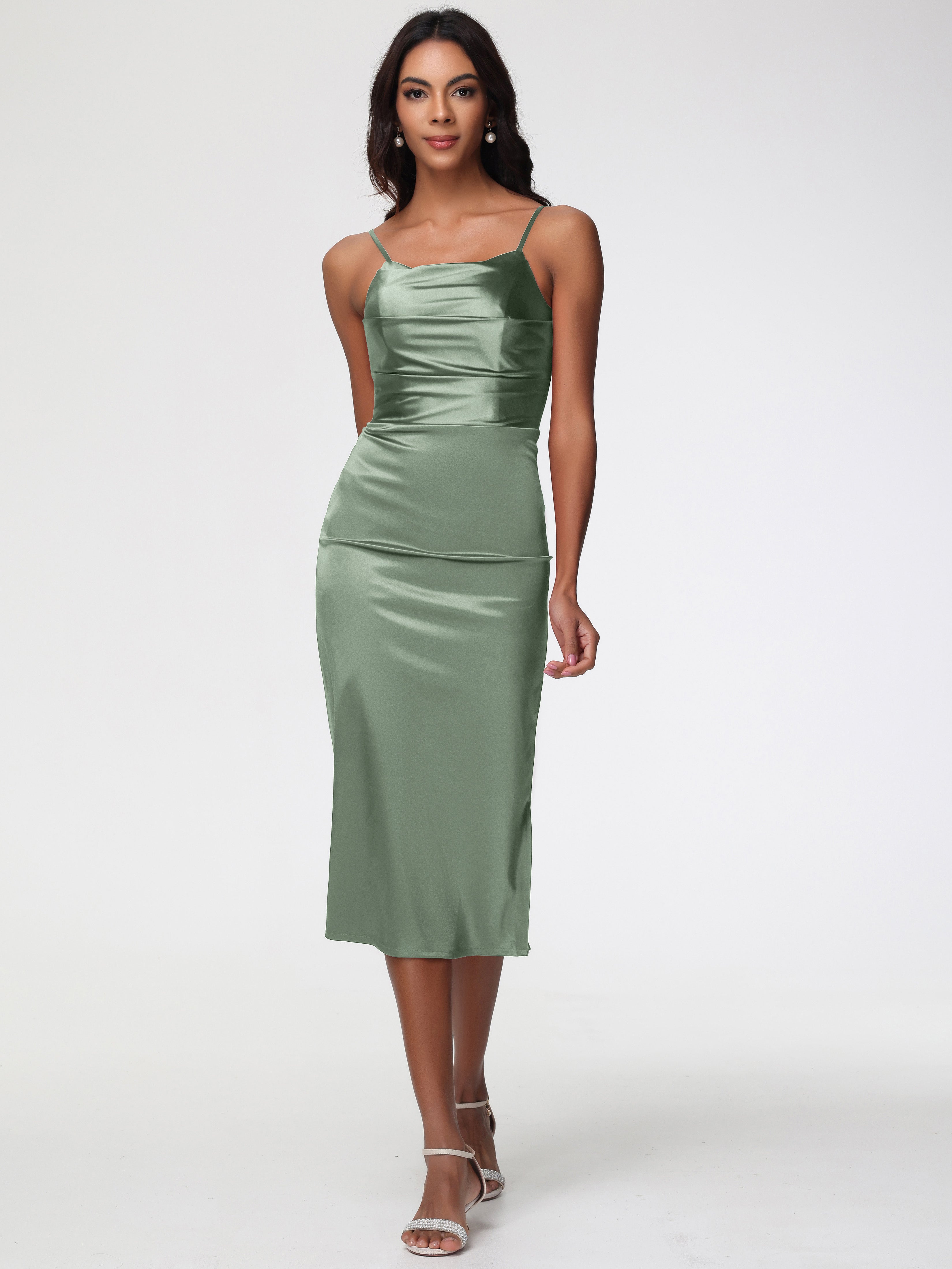 Dusty Sage Prom Dresses Tea-Length Spaghetti Straps Square Neckline Sleeveless Stretch Satin Prom Dresses