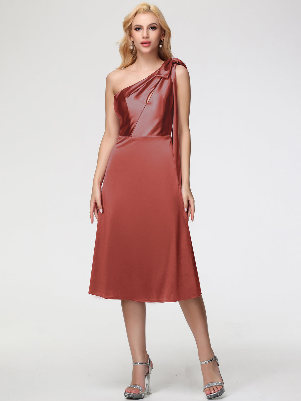 Rust Color Formal Dresses One Shoulder Tea-Length Sleeveless A-Line Stretch Satin Formal Dresses