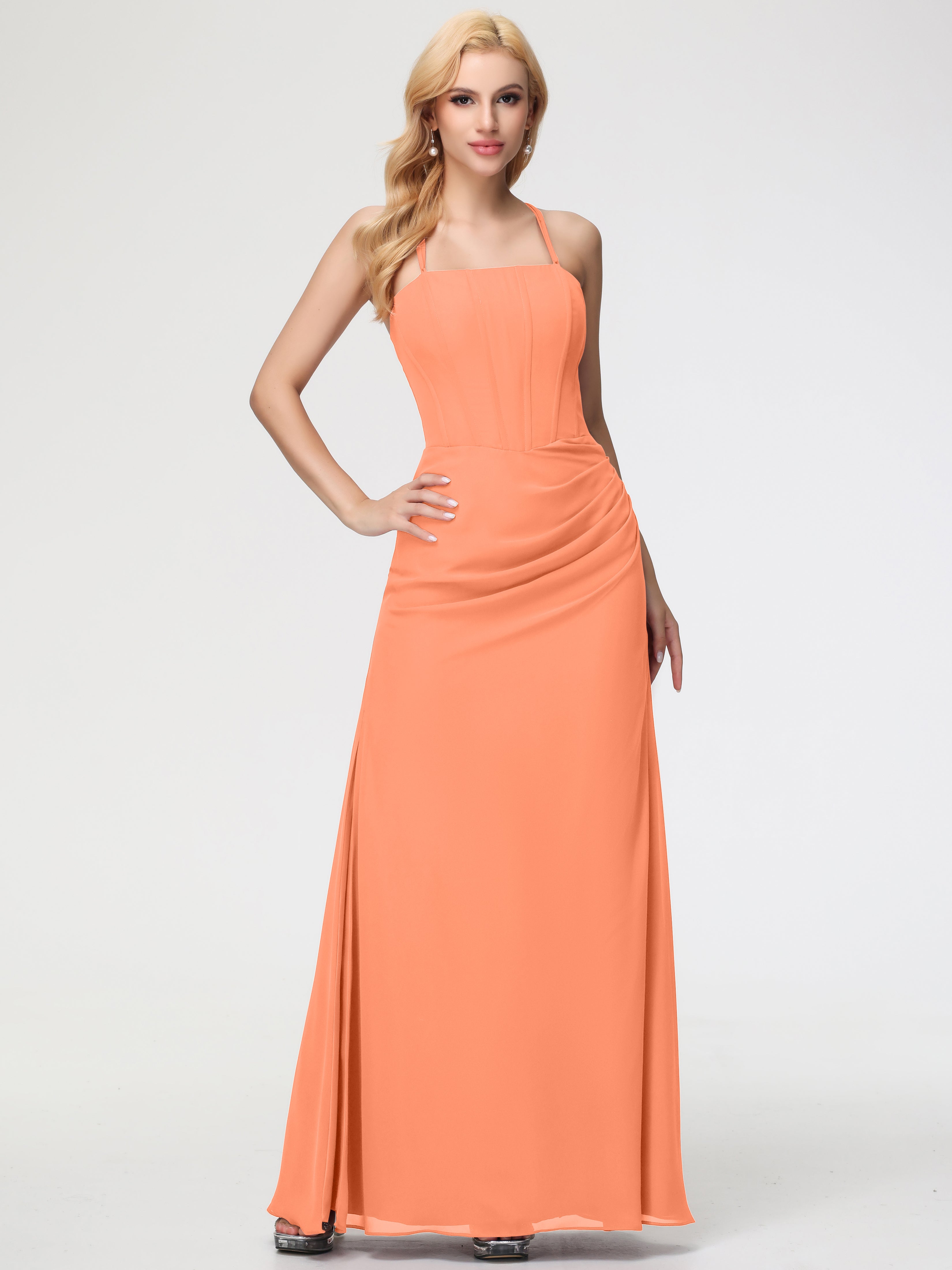 Papaya Bridesmaid Dress Spaghetti Straps Sheath/Column Long Chiffon Bridesmaid Dresses With Slit