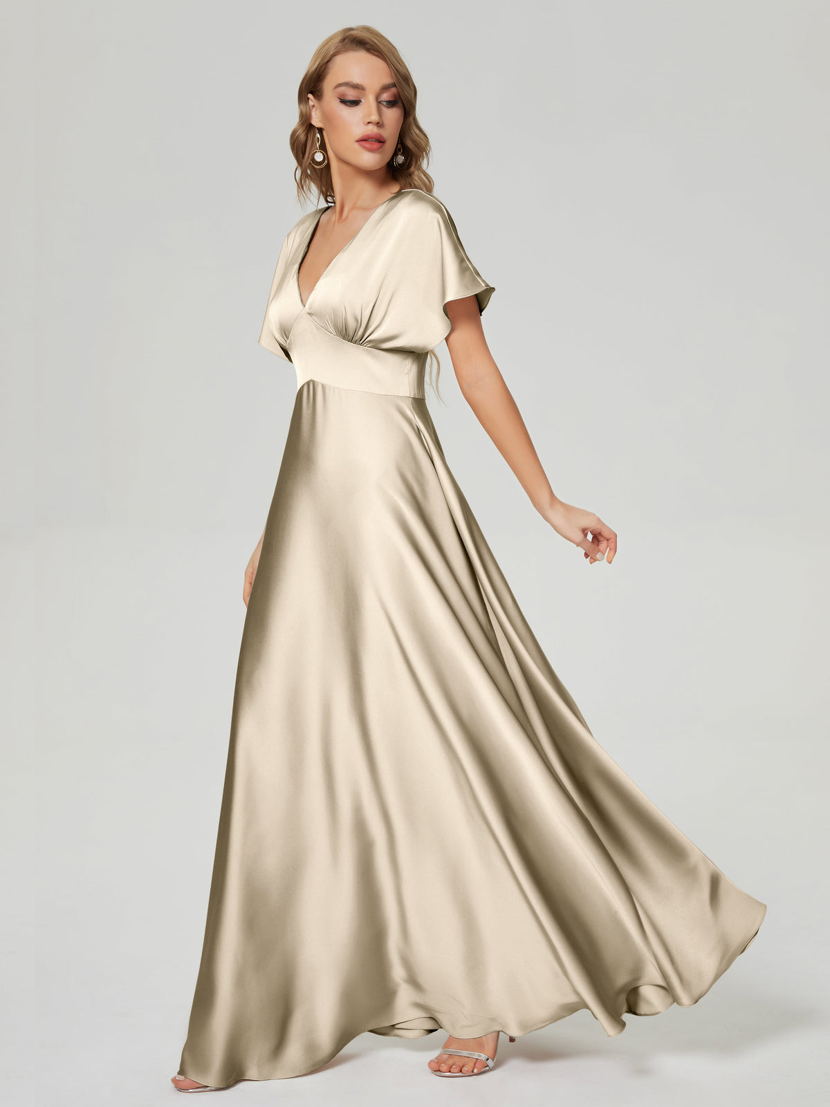 Short Sleeves Vneck Soft Satin Wedding Guest Dress — free download