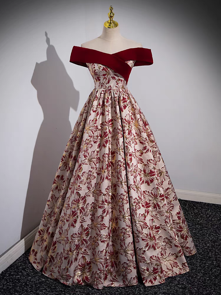 Vintage Off the Shoulder Prom Dress Floral Printed Satin Quinceanera D