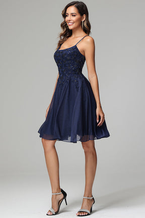 Vintage Spaghetti Straps Chiffon Lace A Line Homecoming Dress Black Cocktail Dress cc3089