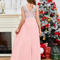 A Line V Back Chiffon Lace Junior Bridesmaid Dress
