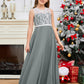 A Line V Back Chiffon Lace Junior Bridesmaid Dress