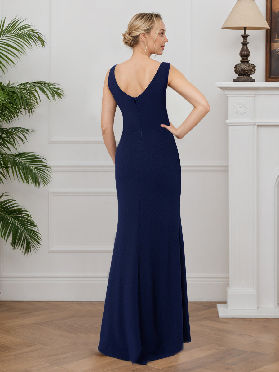 Cicinia Navy Blue Mother Of The Bride Dress Long Stretch Fabric Sheath Slit Sweep Train