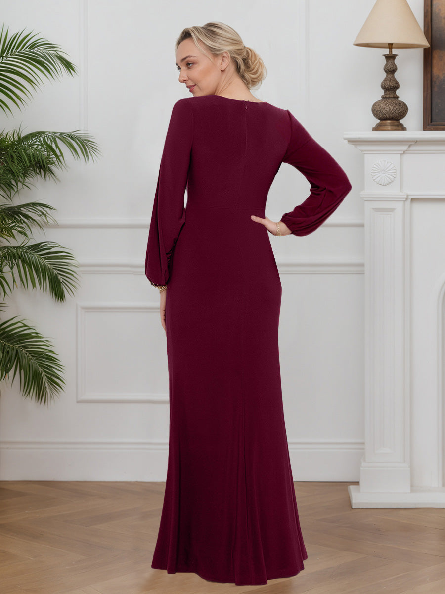 Cicinia Burgundy Mother Of The Groom Dress Long Stretch Fabric Sheath V-neck Long Sleeves