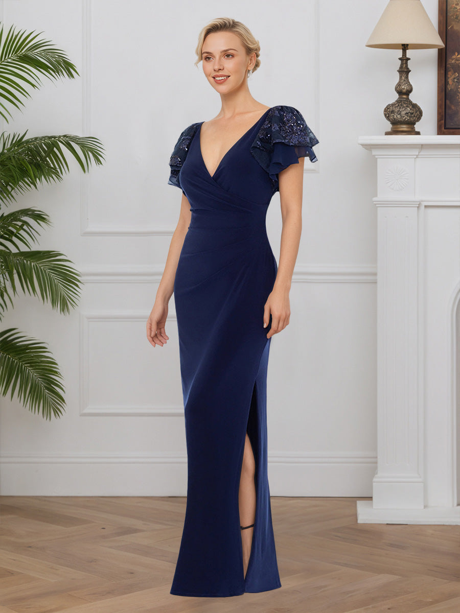 Cicinia Navy Blue Mother Of The Bride Dress Long Lace Stretch Fabric Sheath V-neck