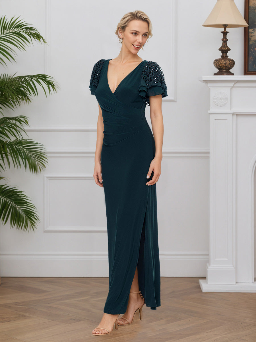 Cicinia Peacock Mother Of The Groom Dress Long Lace Stretch Fabric Sheath V-neck