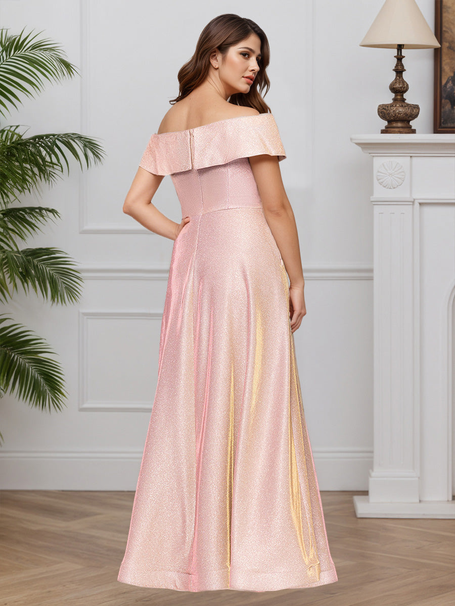 Cicinia Pink Mother Of The Bride Dress Long Glitter Fabric Off The Shoulder A-line Slit Plus Size