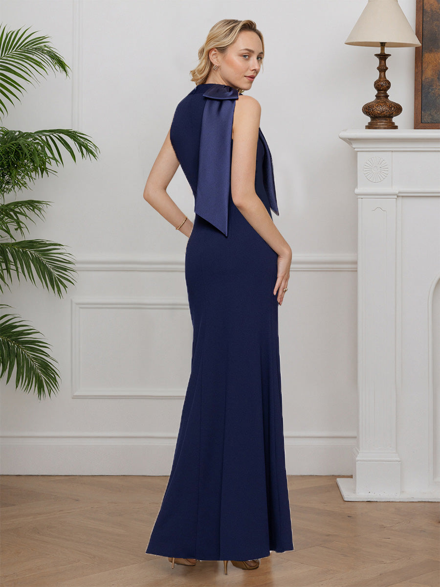 Cicinia Navy Blue Mother Of The Groom Dress Long Stretch Fabric Sheath Halter