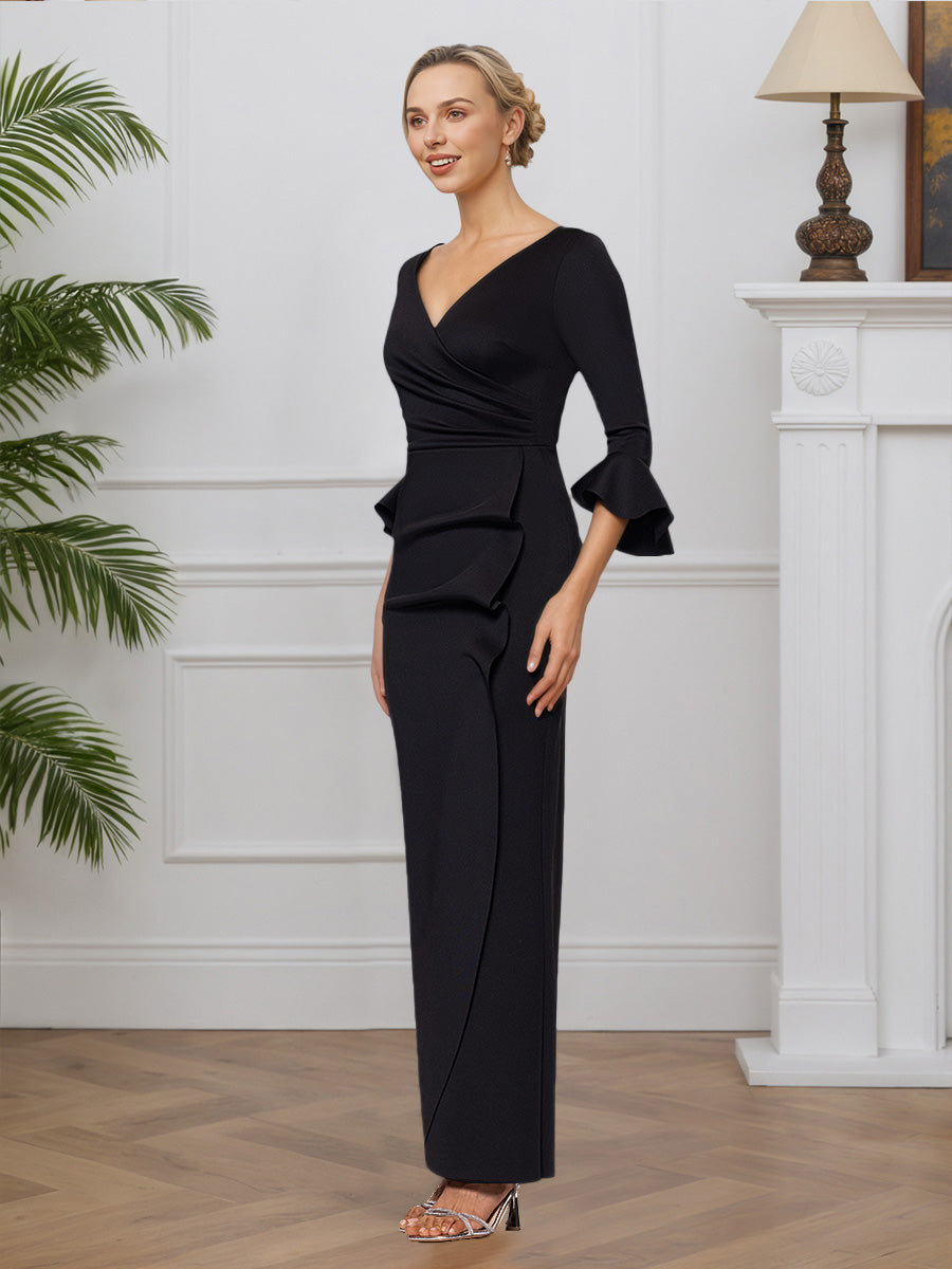 Cicinia Black Mother Of The Groom Dress Long Stretch Fabric Sheath V-neck