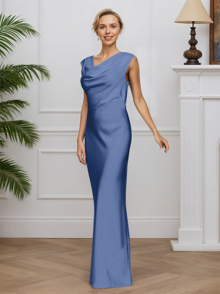 Cicinia Blue Mother Of The Bride Dress Long Satin Chiffon Sheath Evening Dresses