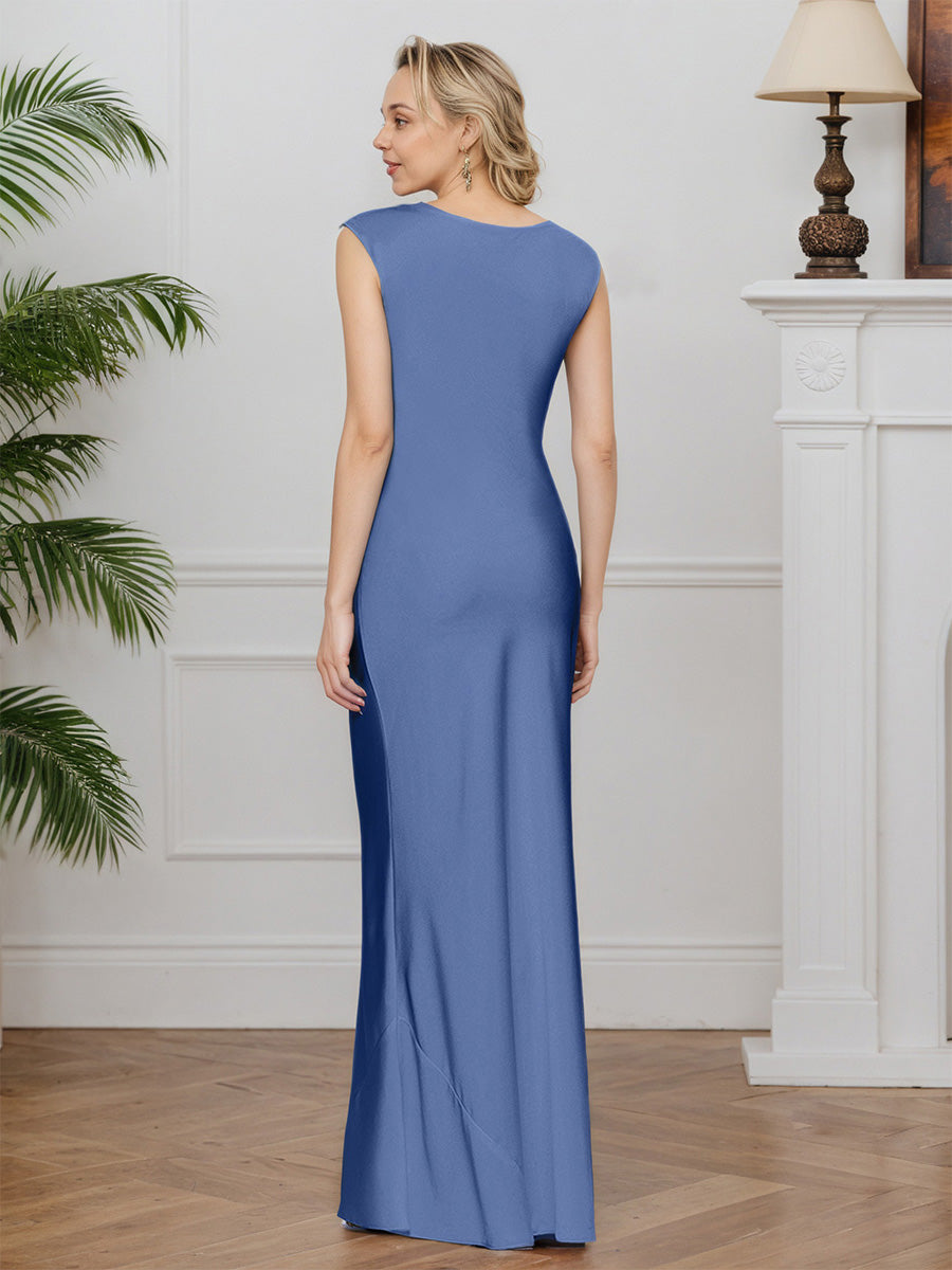 Cicinia Blue Mother Of The Groom Dress Long Satin Chiffon Sheath Evening Dresses