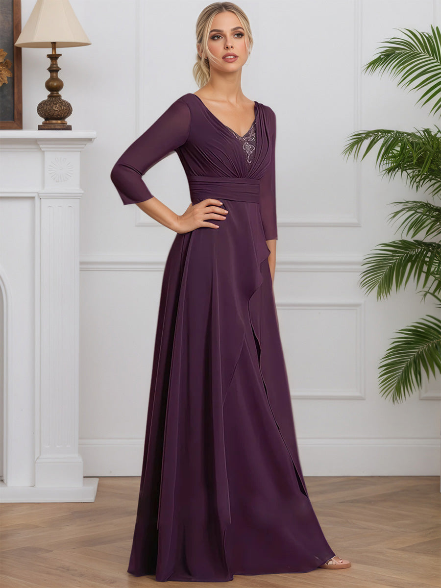 Cicinia Grape Mother Of The Groom Dress Long Chiffon A-line V-neck 3/4 Sleeves
