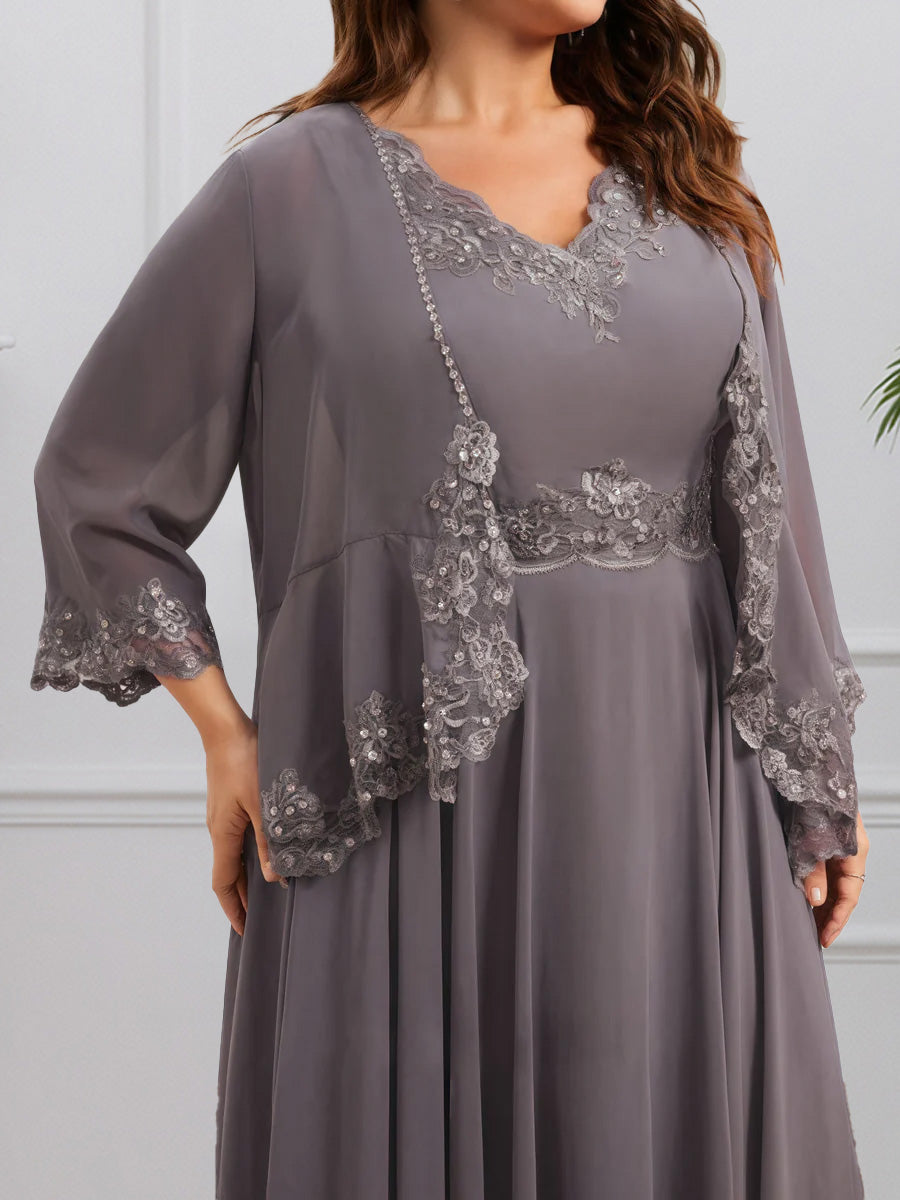 Cicinia Dusk Mother Of The Bride Dress With Jacket Short Chiffon Lace Beaded Ankle Length Plus Size