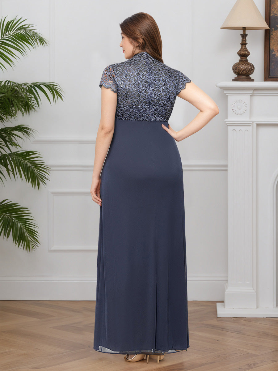 Cicinia Gray Mother Of The Groom Dress Long Lace V-neck Sheath Cap Sleeves