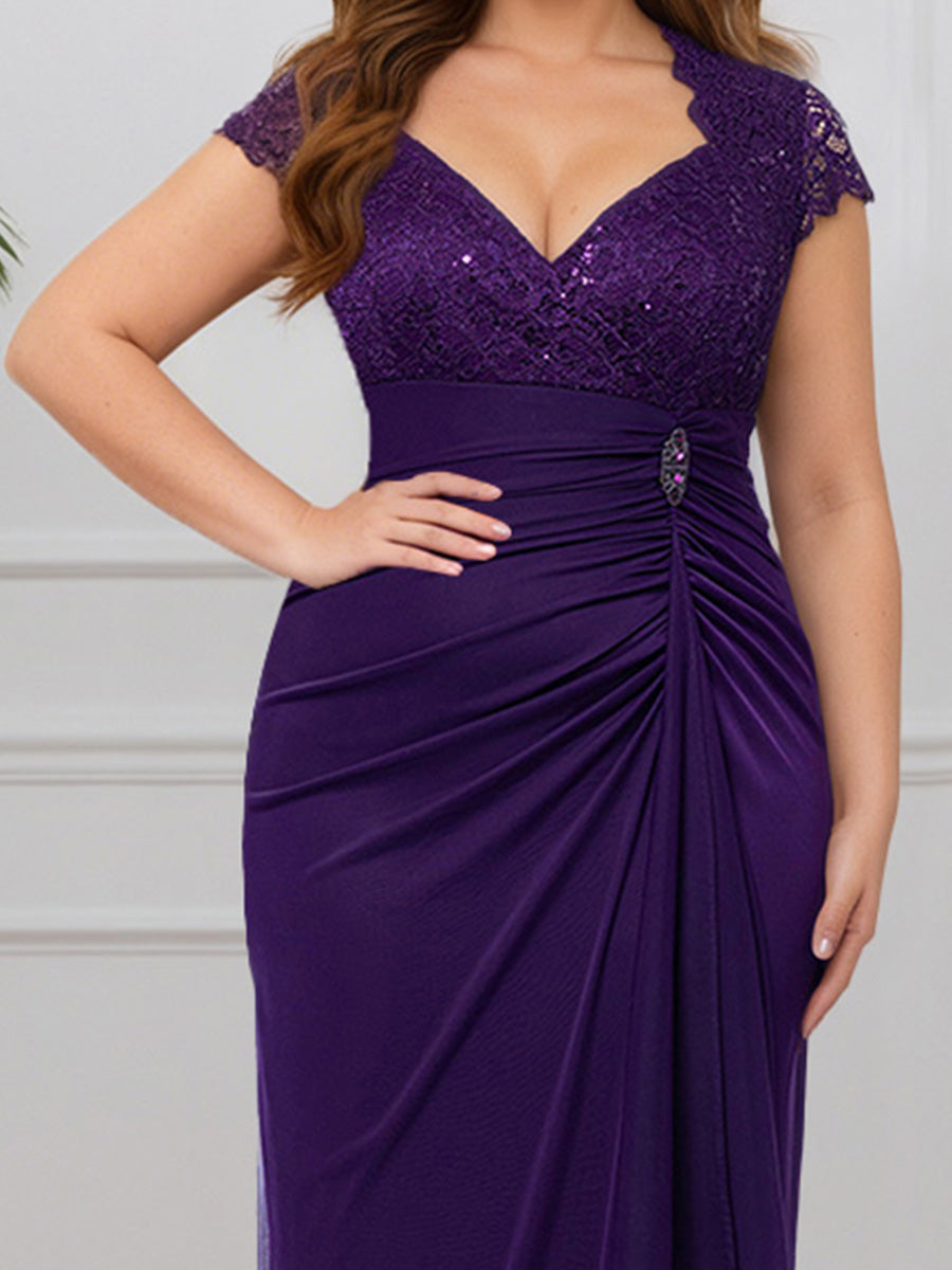 Cicinia Regency Prom Dresses Long Lace V-neck Sheath Cap Sleeves