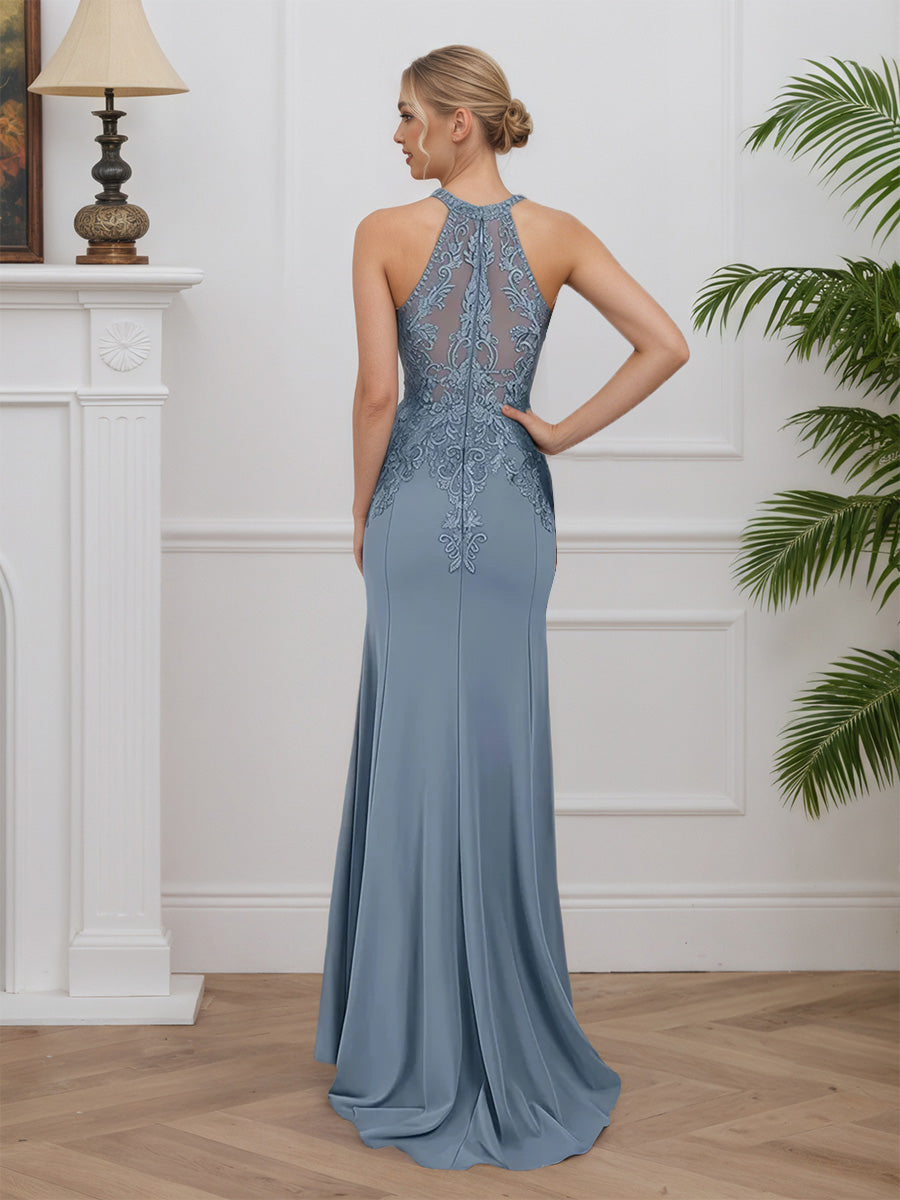 Cicinia Dusty Blue Mother Of The Bride Dress Long Stretch Fabric Sheath Sleeveless