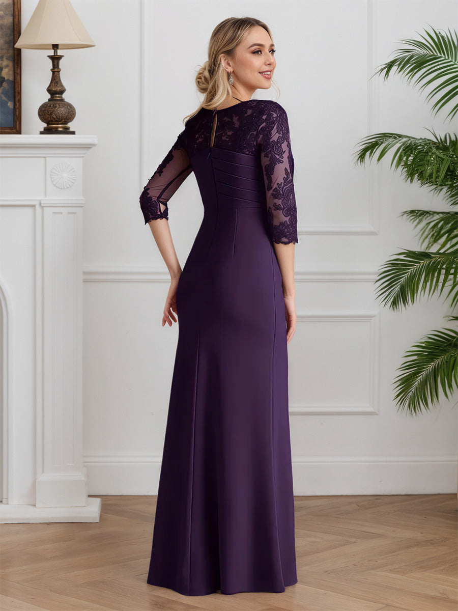 Cicinia Grape Mother Of The Bride Dress Long Chiffon Lace Sheath 3/4 Sleeves