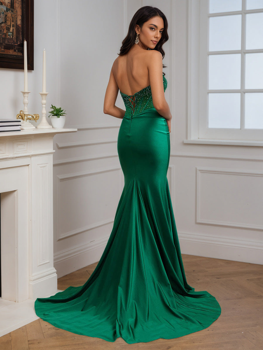 Elegant Green Strapless Sheath Beaded Slit Backless Long Prom Dress