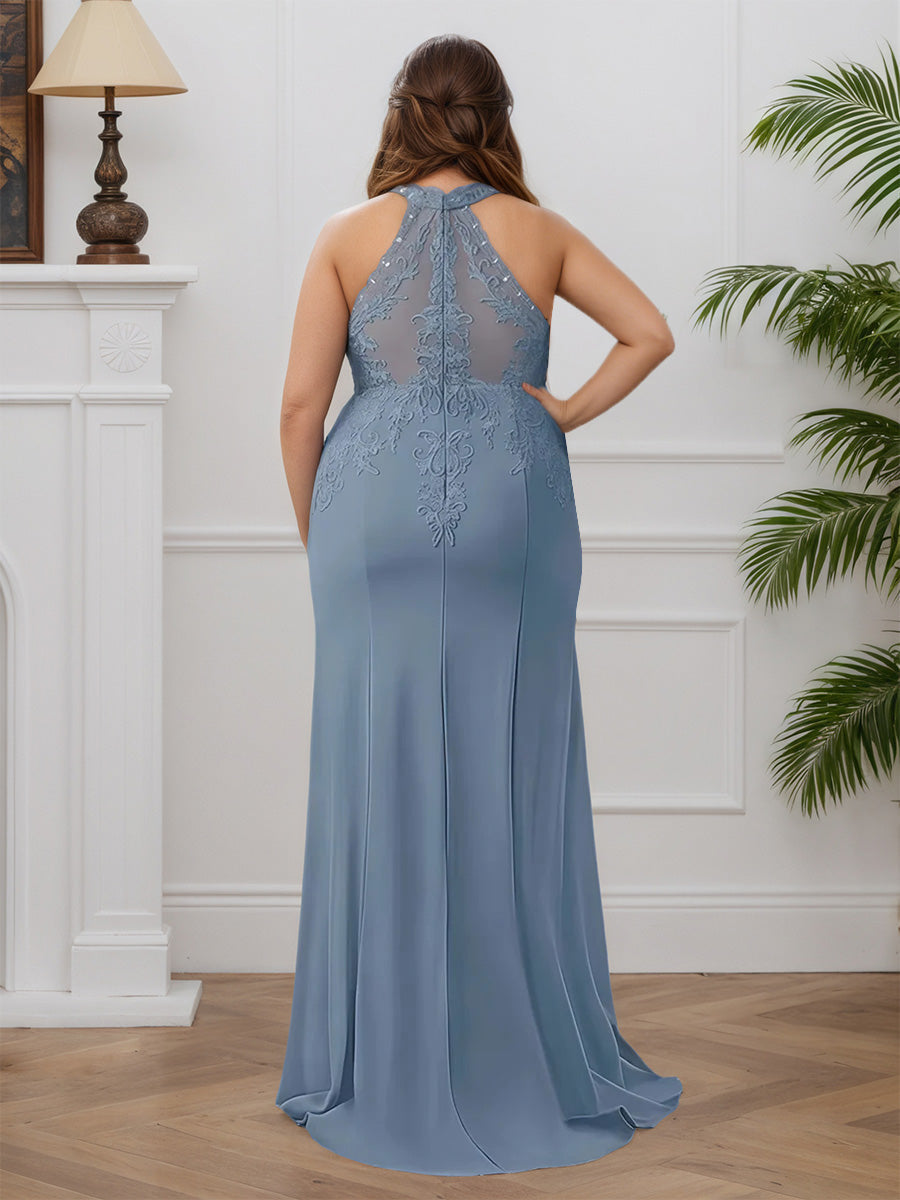 Cicinia Dusty Blue Mother Of The Groom Dress Long Stretch Fabric Sheath Sleeveless Plus Size