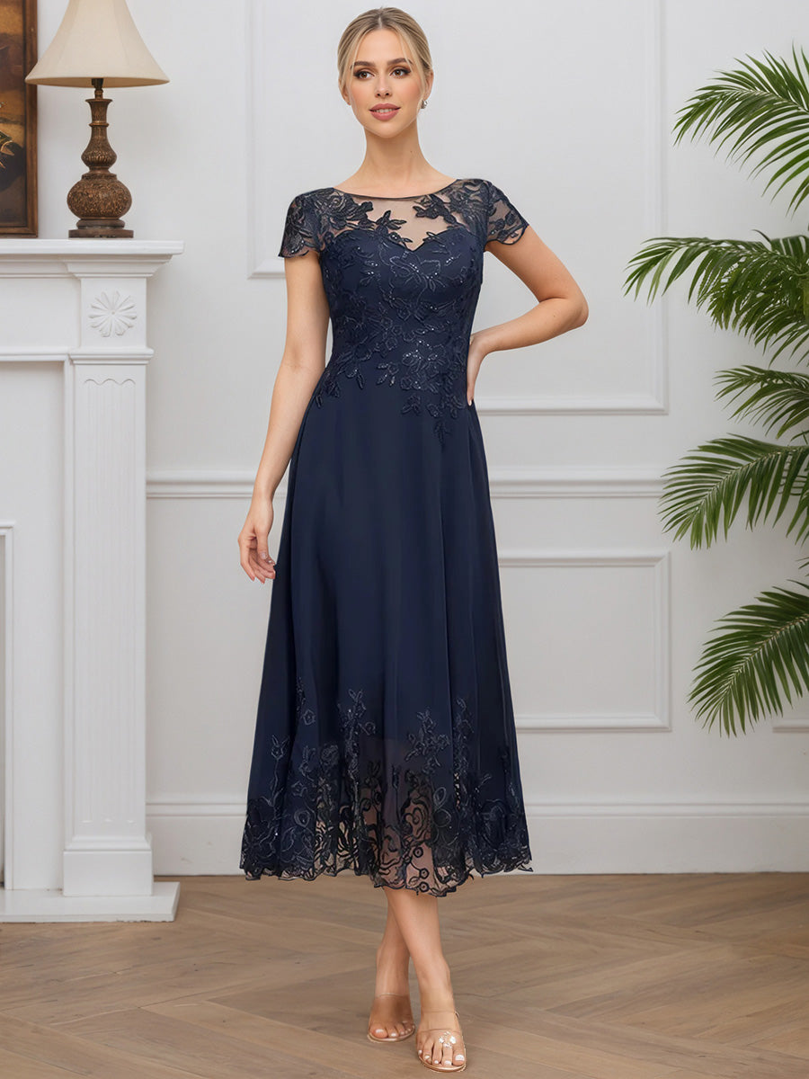 Cicinia Dark Navy Mother Of The Bride Dress Long Chiffon Lace A-line Cap Sleeves