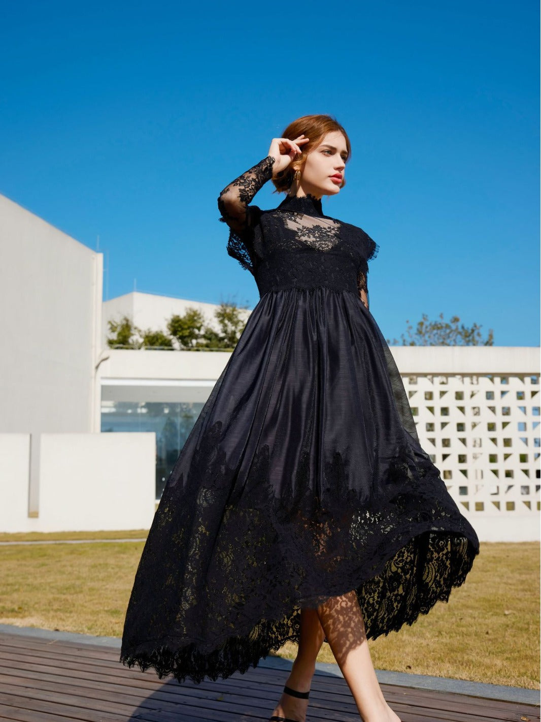 Black A Line Long Sleeve Half High Neck Lace Patchwork Maxi Formal Dre