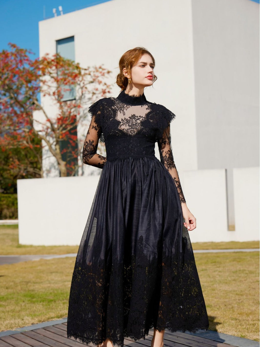 Black A Line Long Sleeve Half High Neck Lace Patchwork Maxi Formal Dre