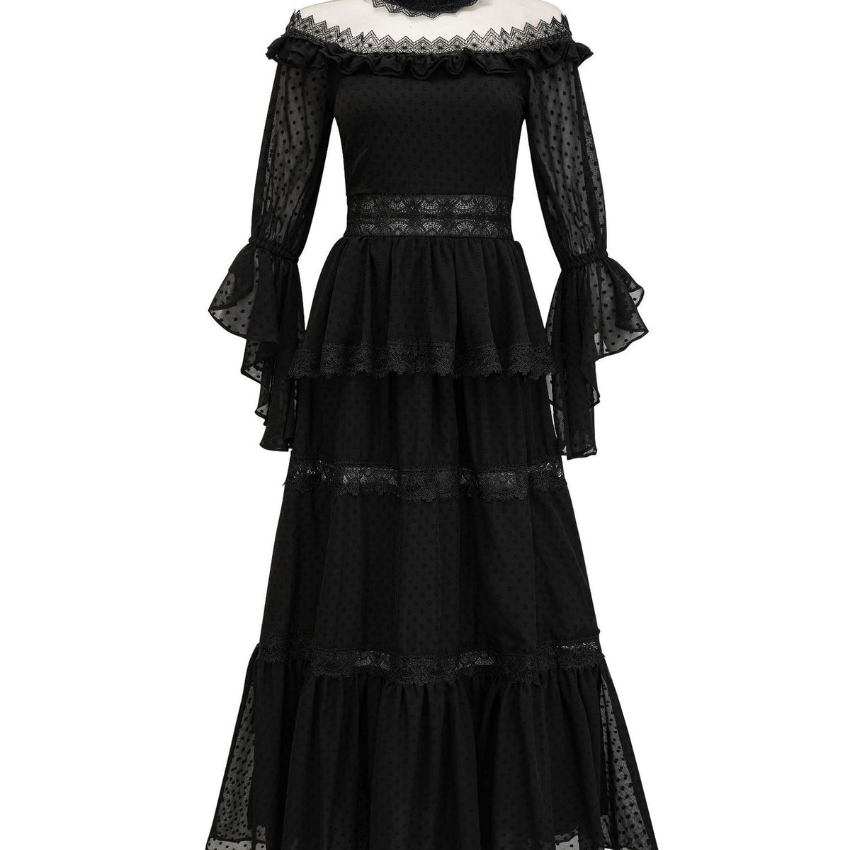 Black Gothic Dress Strapless Flared Sleeves Polka Dot Printed Long Prom Dresses, Black / L Black Gothic Dress Strapless Flared Sleeves Polka Dot Printed Long Prom Dresses, Black / L