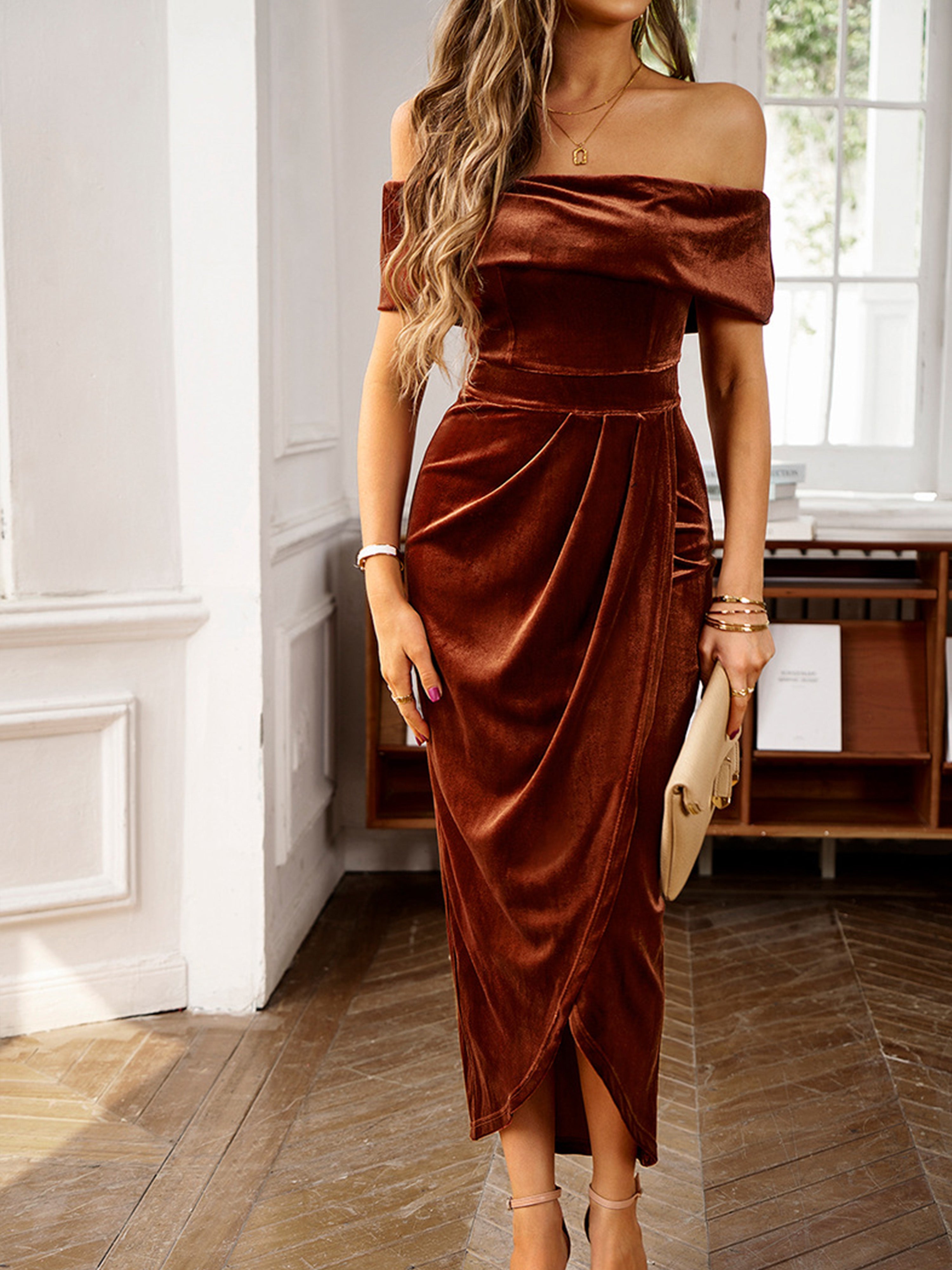 Brown Off The Shoulder Strapless Maxi Velvet Wedding Guest Dress