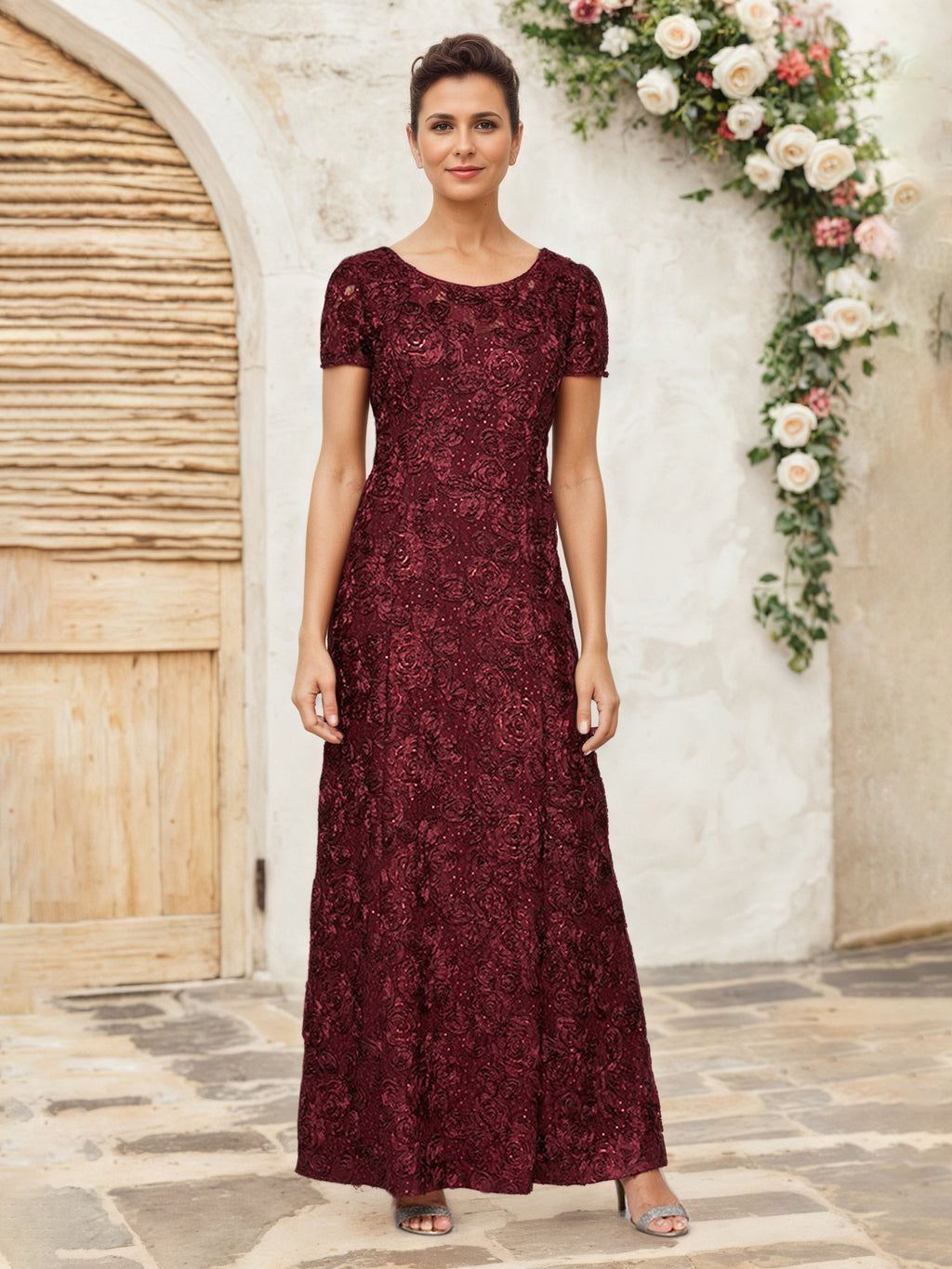 Burgundy Mother Of The Birde Dresses A-Line Short Sleeves Lace Appliques Sequins Maxi Mother Of The Bride Dress