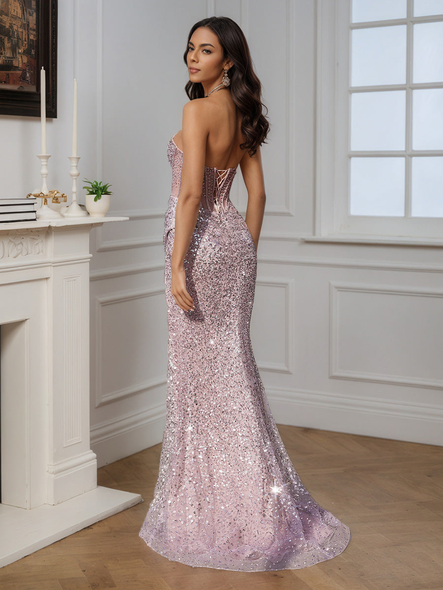 Pretty Slit Sequins Beaded Long Sheath Strapless Prom Dress