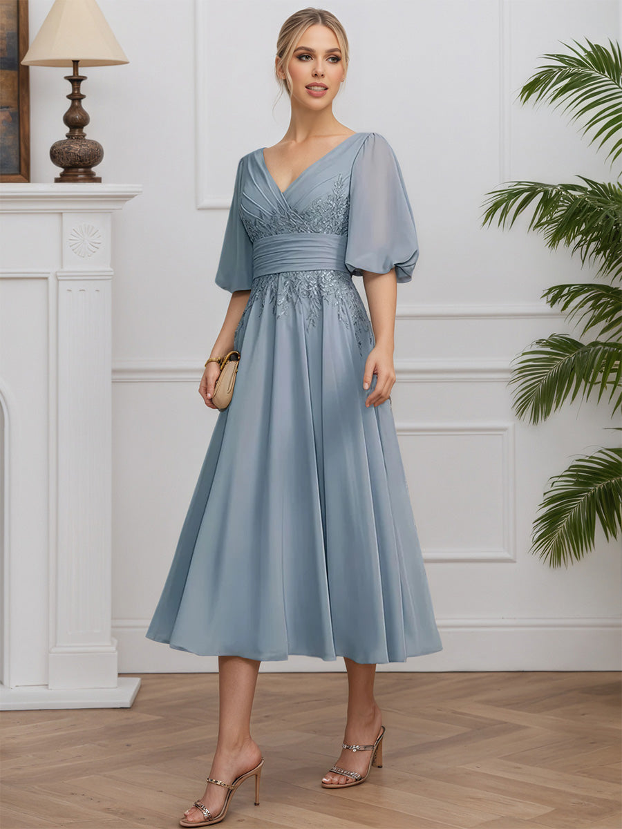 Cicinia Dusty Blue Mother Of The Bride Dress Long Chiffon Lace A-line Puffed Sleeves Tea Length