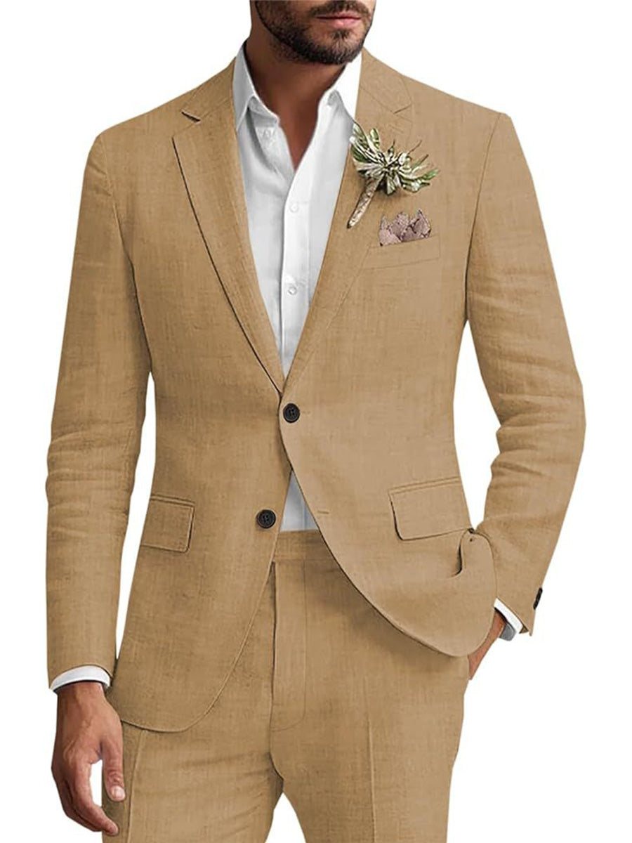 Casual Brown Solid Color Flax Slim Fit Men's Suits Single Breasted 2 Pieces Wedding Suit