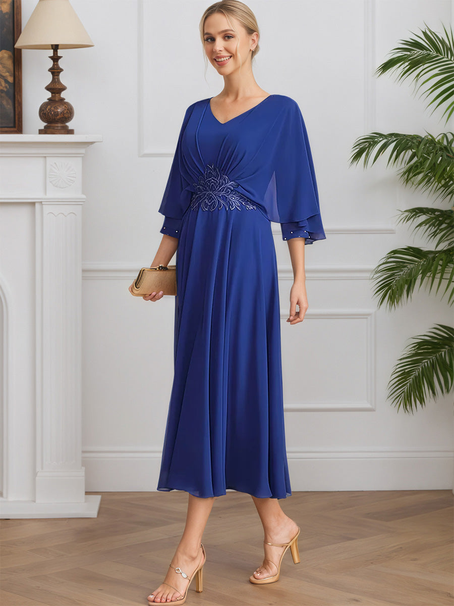 Cicinia Royal Blue Mother Of The Bride Dress Long Chiffon Lace A-line Tea Length
