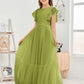 Cap Sleeves A Line Lace Top Junior Chiffon Bridesmaid Dress