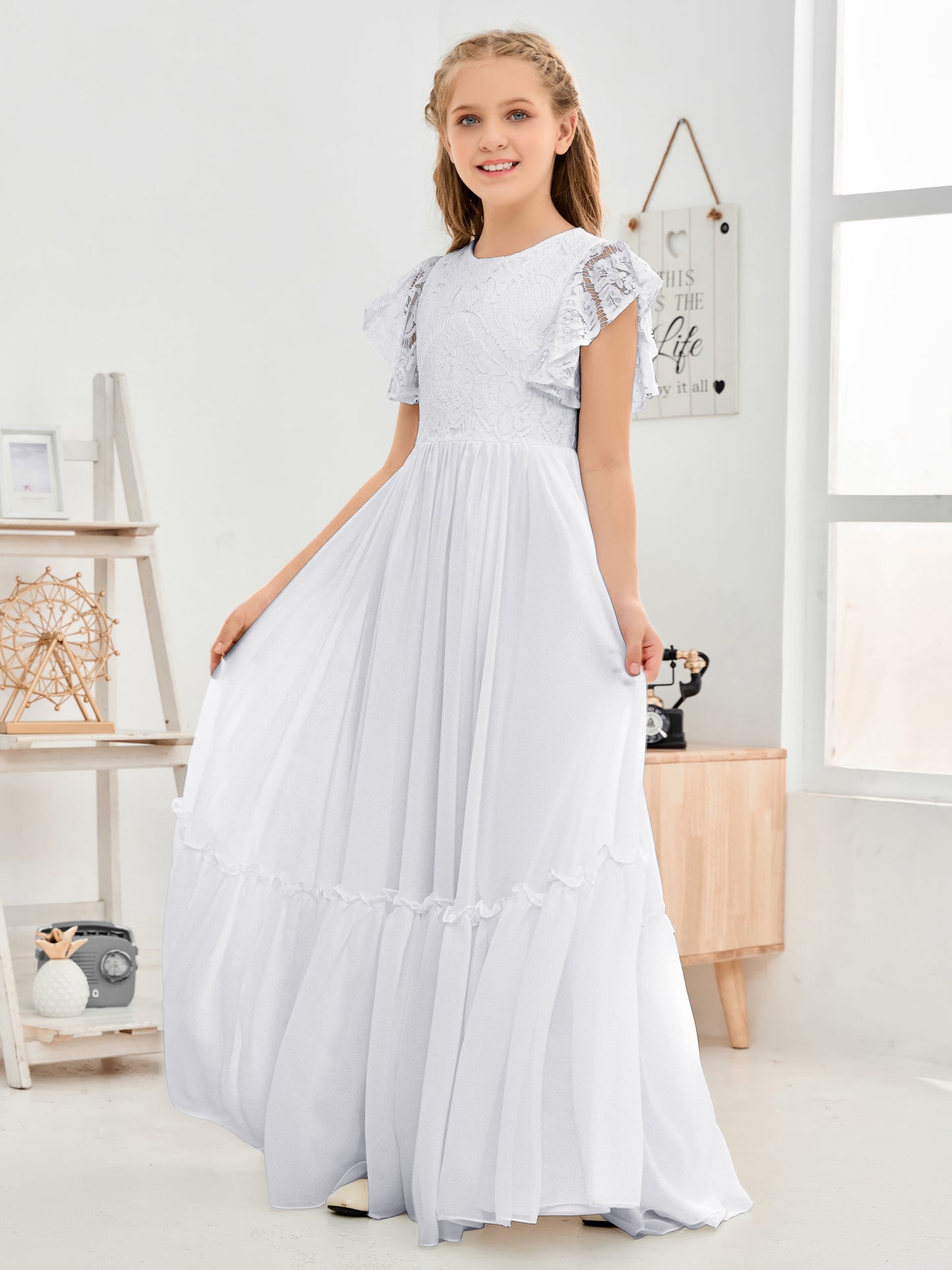 Cap Sleeves A Line Lace Top Junior Chiffon Bridesmaid Dress